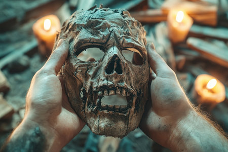 Create a chilling atmosphere with a decaying zombie mask, held by skeletal hands and illuminated by flickering candles This spooky Halloween decoration is perfect for adding an eerie touch to your home, creating an authentic haunted ambiance Embrace the spirit of the season with this chilling display AI Generativeの素材
