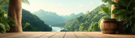 Escape to serenity with rustic d cor inspired by nature Embrace organic materials and breathtaking mountain views from a wooden deck overlooking lush greenery and a tranquil lake Create a peaceful haven in your home, where nature's harmony finds its way indoors AI Generativeの素材