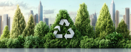 A vibrant city skyline embodies sustainability, showcasing recycling, green energy, and zero-waste living Eco-friendly design, renewable resources, and responsible practices create a thriving green cityscape, tackling climate change and promoting sustainable living for a brighter future AI Generativeの素材