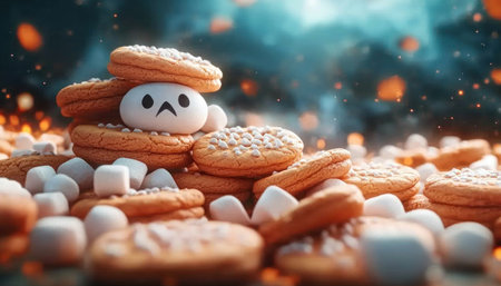 Get ready for a spooktacular Halloween baking adventure! Whip up festive treats with ghostly cookies and marshmallow creations These spooky snacks are perfect for a hauntingly delicious celebration From spooky shapes to eerie decorations, your Halloween baking will be a scream! AI Generativeの素材