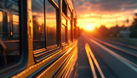 A vibrant yellow school bus rumbles down the road, bathed in the golden glow of a breathtaking sunset Inside, eager students chatter excitedly, their faces alight with anticipation for the day ahead This heartwarming scene encapsulates the joy of learning and the promise of new beginnings AI Generativeの素材