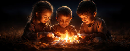 A warm, crackling campfire glows under the night sky, as a family gathers around Children squeal with delight as they roast marshmallows and candy, their faces lit by the dancing flames The air is filled with laughter, the scent of smoke and sweetness, creating a cozy and memorable evening AI Generativeの素材