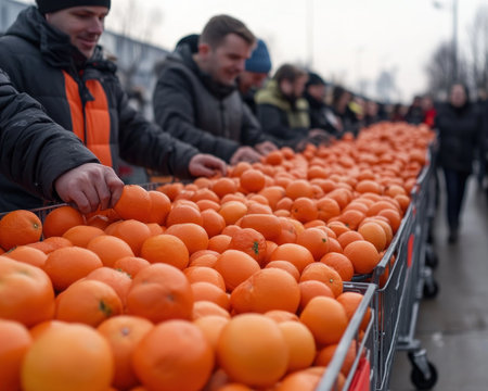 Get ready for a citrus celebration! Shoppers are filling their carts with juicy oranges during a festive sale Enjoy incredible savings on fresh, delicious oranges, perfect for holiday gatherings and stocking up Don't miss this amazing deal celebrate the season with a burst of citrus flavor! AI Generativeの素材