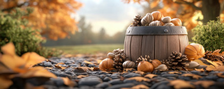 Step into a vintage countryside setting for a rustic harvest festival Immerse yourself in autumnal charm with fall decor, vibrant leaves, and a cozy farmhouse Admire wooden barrels and Thanksgiving decorations, all embracing the spirit of the season AI Generativeの素材