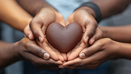 Two hands clasped together, forming a heart, symbolize the power of gratitude, empathy, and kindness This visual representation evokes feelings of positivity, love, and connection The image speaks to the transformative power of appreciating the good and extending compassion to others AI Generativeの素材