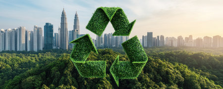 Imagine a vibrant city skyline, punctuated by a recycling symbol, radiating sustainable energy Green energy icons, like solar panels and wind turbines, stand tall alongside towering buildings, representing a commitment to a zero-waste lifestyle This vision embodies a future where sustainability and urban living seamlessly coexist AI Generativeの素材