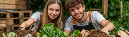 This image captures the joy of sustainable living! A happy couple, radiating love and contentment, tends to their urban garden, transforming organic waste into rich compost They embody a zero-waste lifestyle, embracing the beauty and practicality of composting for a healthier planet AI Generativeの素材