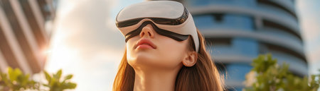 Escape stress with our VR headset! Immerse yourself in relaxing environments, practice mindfulness, and access personalized stress management techniques Our wearable technology tracks your wellness, helping you achieve inner peace and improve your mental well-being AI Generativeの素材