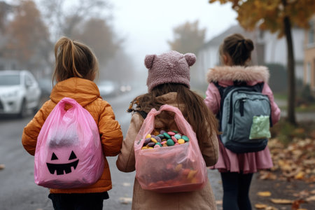 On Halloween night, eerie costumes and fog-shrouded streets create a spooky atmosphere Children, dressed in scary outfits and clutching candy bags, revel in the spookiest holiday of the year Trick-or-treating brings joy to families as they embrace the fun and festivities AI Generativeの素材