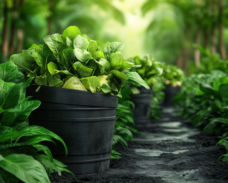 Transform your organic waste into valuable compost, enriching your garden and reducing your environmental footprint Embrace a zero-waste lifestyle with sustainable composting techniques, turning kitchen scraps and yard trimmings into nutrient-rich soil Experience the vibrant transformation of waste into life-giving compost amidst lush greenery AI Generativeの素材