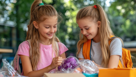 Backpack Buddies embark on their first day of school, embracing the excitement and camaraderie of new beginnings Friends lend a helping hand, unpacking supplies together, fostering a spirit of classroom kindness and collaboration AI Generativeの素材
