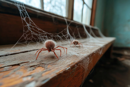 An eerie abstract view of dusty cobwebs draped across forgotten furniture in an abandoned house The texture and detail create a ghostly scene, evoking a sense of decay and haunting The image captures the desolation and mystery of a long-forgotten space, leaving the viewer to imagine the stories whispered by AI Generativeの素材