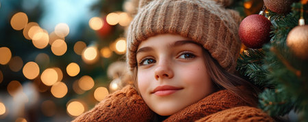 A young girl's eyes sparkle with wonder as she gazes at a festive storefront window Adorned with twinkling ornaments and lights, it evokes the magic of the holidays The scene captures the joy and wonder of Christmas, New Year's Eve, or any festive occasion AI Generativeの素材