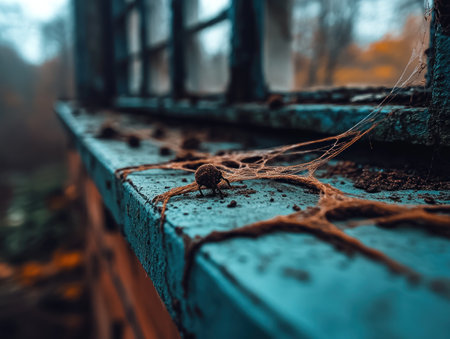 A close-up reveals the forgotten beauty of an abandoned building's window sill, cloaked in intricate cobwebs The rich texture speaks of time's relentless passage, creating a spooky atmosphere that whispers of a forgotten past Light and shadow play across the decaying surface, revealing the building's history in haunting detail AI Generativeの素材