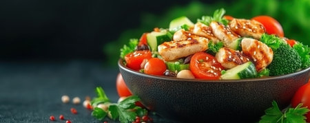 A vibrant close-up captures a tempting salad brimming with juicy chicken, colorful vegetables, and hearty grains This balanced meal is a delicious and nutritious choice for sustained energy and well-being Each ingredient contributes to a symphony of flavor and textures, making this salad a healthy and satisfying treat AI Generativeの素材