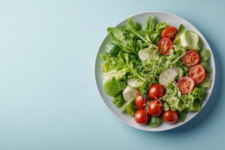 Indulge in a vibrant, perfectly portioned salad bursting with fresh tomatoes, lettuce, and cucumber This nutritious and delicious meal promotes healthy eating habits and supports weight management Ideal for meal prep and tailored to your dietary needs AI Generativeの素材