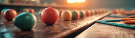 A vibrant row of Easter eggs, symbolizing rebirth and new beginnings, rests on a rustic wooden table Their colorful hues create a festive atmosphere, embodying the joy and tradition of the spring holiday The eggs are a delightful reminder of the season's renewal and hope AI Generativeの素材