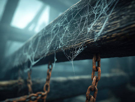 The air hangs heavy with the scent of decay in the abandoned building Eerie cobwebs, thick with dust, drape across weathered wooden beams, casting long, skeletal shadows A chilling silence reigns, broken only by the whisper of the wind through the shattered windows The air crackles with an unseen energy, AI Generativeの素材