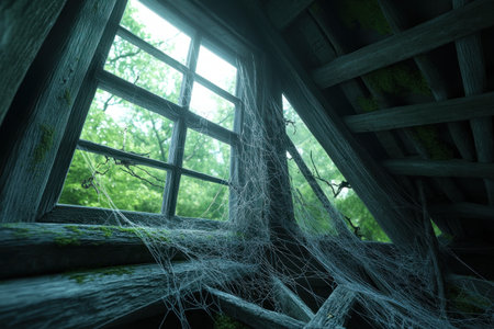 A cobweb-draped window in an abandoned attic, bathed in eerie light, whispers of forgotten stories Dusty textures and ghostly shadows create a haunting atmosphere, hinting at a history of paranormal activity and a forgotten past within the crumbling walls of a derelict mansion AI Generativeの素材