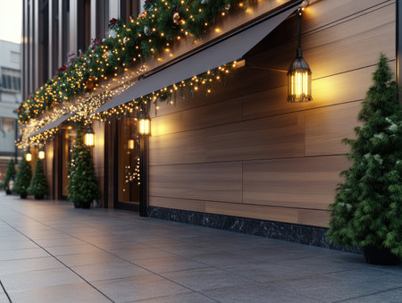Embrace the holiday cheer with a festive storefront adorned with twinkling lights and hanging ornaments The dazzling display, perfect for Christmas, New Year's, and winter celebrations, evokes warmth and joy, creating a magical atmosphere for all to enjoy AI Generativeの素材