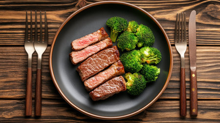 This perfectly portioned plate features a lean steak and vibrant broccoli, designed for both weight loss and optimal nutrition The balanced meal promotes healthy living with a focus on lean protein, fiber-rich vegetables, and appropriate portion control Enjoy this satisfying and nutritious meal as part of your healthy eating journey AI Generativeの素材