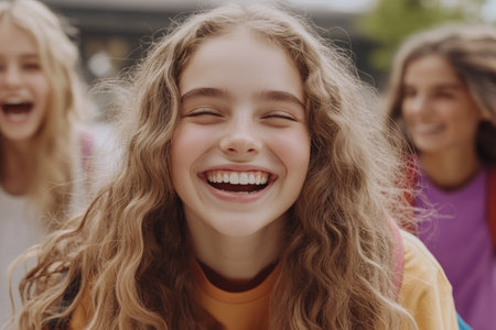 The sun beams down on a vibrant playground, casting a golden glow on a group of excited friends Their backpacks sit at their feet, a symbol of new adventures Laughter fills the air as they embrace the start of a fresh school year, their faces beaming with joy and anticipation AI Generativeの素材