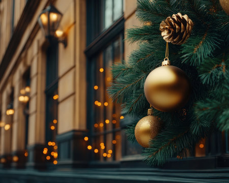 A storefront window bursts with holiday cheer Sparkling ornaments dangle from evergreen branches, their gleam amplified by warm, twinkling lights Festive decorations create a magical ambiance, inviting passersby to step inside and embrace the spirit of the season AI Generativeの素材