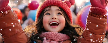 A winter wonderland unfolds, brimming with joyous celebration Children's eyes light up with delight as colorful floats parade by, their smiles as bright as the festive lights The air is filled with cheer, making this a truly magical experience for all AI Generativeの素材