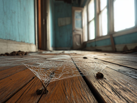 A forgotten room, shrouded in an eerie silence Cobwebs, like ghostly veils, drape the floor, their intricate patterns hinting at a past long gone Time has stopped here, leaving only decay and a haunting reminder of what once was AI Generativeの素材