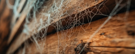 The ceiling of a haunted house is a tapestry of spectral cobwebs Their ghostly threads, thick with dust and time, hang like skeletal fingers, casting long, eerie shadows Every intricate detail of the web, from the delicate strands to the trapped dust motes, is a testament to the house's chilling AI Generativeの素材