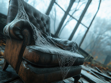 Dust motes dance in the pale light filtering through grime-coated windows, illuminating a room frozen in time Cobwebs drape like ghostly shrouds over forgotten furniture, their intricate patterns casting eerie shadows on the floorboards The air hangs heavy with the scent of decay, a chilling reminder of lives once lived AI Generativeの素材
