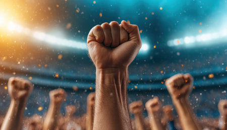 The stadium vibrates with energy as ecstatic fans celebrate their team's victory Raised fists pump the air, cheers erupt from every corner, and a wave of pure joy washes over the crowd This is a moment of shared triumph, a testament to the power of collective passion and dedication AI Generativeの素材
