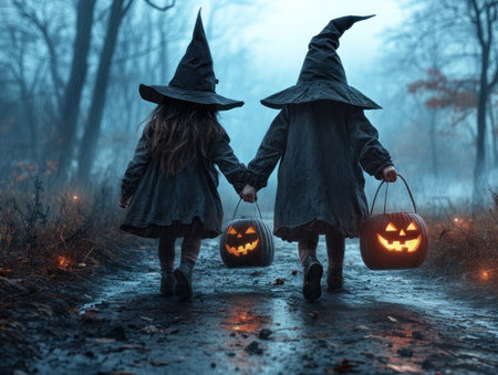 Little witches and goblins in eerie costumes braved the foggy forest on a spooky trick-or-treat night Halloween fun filled the air as children collected candy, their laughter echoing through the mist It was a night of magical adventures and sweet treats AI Generativeの素材