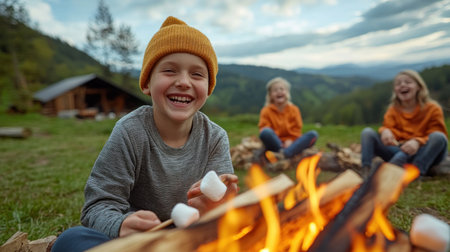 A joyous scene unfolds around a crackling campfire Children's laughter fills the air as they eagerly roast marshmallows, their faces lit by the warm glow Friends gather close, sharing stories and enjoying the simple pleasures of outdoor fun This is the essence of campfire camaraderie, where memories are made and AI Generativeの素材