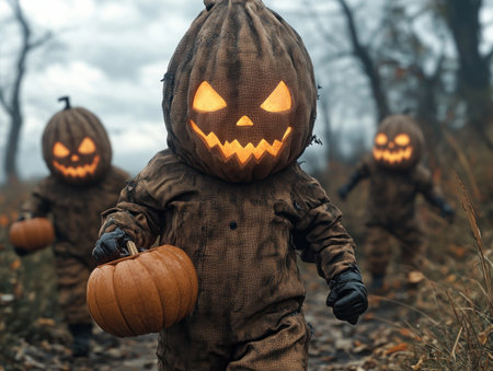 On a chilling Halloween night, adorable trick-or-treaters, clad in eerie pumpkin costumes, braved the spooky streets Their tiny hands clutched bags, ready to fill with sugary treats The air crackled with excitement as they knocked on doors, their mischievous grins promising a fun-filled fright AI Generativeの素材