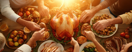 A heartwarming Thanksgiving feast brings families together, celebrating tradition and shared moments The centerpiece is a delectable turkey dinner, surrounded by an abundance of mouthwatering food Laughter, love, and cherished memories fill the air as generations gather to give thanks and connect AI Generativeの素材