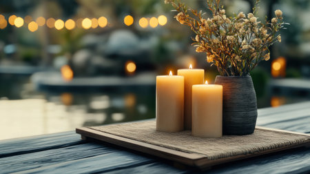 Embrace the warmth of autumn with rustic decor that evokes nature's beauty Candles flicker softly, illuminating a wooden tray adorned with fall flowers, bringing a touch of the outdoors in Simple, yet inviting, this arrangement creates a cozy atmosphere perfect for the season AI Generativeの素材