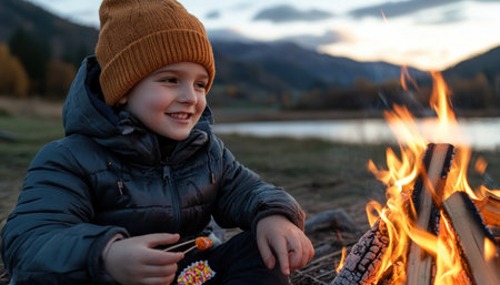 A crisp autumn night unfolds, painting the sky with vibrant hues Laughter echoes as children gather around a crackling bonfire, their faces illuminated by the warm glow Sweet, roasted candy fills the air, while a tranquil lake shimmers in the distance A perfect family night out, filled with cozy memories AI Generativeの素材