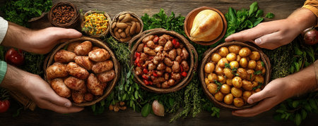 Gather 'round the table for a heartwarming rustic feast, where families bond over delicious home-cooked meals Share laughter, stories, and cherished moments amidst the warmth of togetherness, savoring the simple joy of connection through food and family AI Generativeの素材