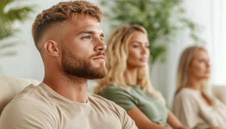 A tranquil setting transforms into a haven of support and empowerment This gathering brings together individuals seeking solace and strength in unity The focus? Fostering mental health awareness and building resilience, one shared experience at a time AI Generativeの素材