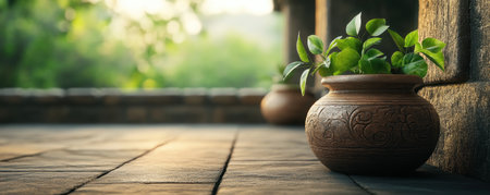 This rustic wooden tabletop, adorned with a clay pot and lush greenery, embodies vintage charm and natural beauty Perfect for country farmhouse style, the scene evokes a sense of homey warmth Its natural materials and rustic backdrop create a perfect setting for summer-inspired home design AI Generativeの素材