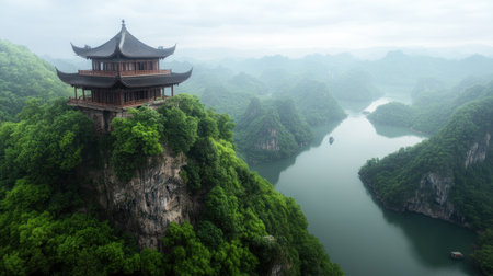 A group of travelers stand in awe atop a mountain, gazing upon the breathtaking panorama A traditional Chinese pavilion, perched on the peak, offers shelter and a unique perspective on the serene river and verdant hills below This inspiring journey through cultural heritage leaves an indelible mark on the soul AI Generativeの素材