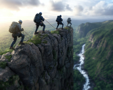 Adrenaline surges as adventurers rappel down a sheer cliff face, surrounded by untamed wilderness teeming with wildlife The air is thick with the scent of pine and the sound of nature's symphony Below, a breathtaking panorama unfolds an awe-inspiring display of nature's raw beauty, leaving adventurers breathless and humbled AI Generativeの素材