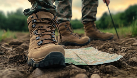Get ready for adventure! Sturdy hiking boots and a detailed map lie on rugged terrain, preparing for an off-road expedition Explore uncharted trails, conquer the great outdoors, and discover the beauty of untamed landscapes Embrace the challenge and feel the thrill of off-road exploration AI Generativeの素材