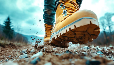 Feel the rush of adventure as rugged hiking boots tread a challenging trail Gritty dirt and jagged rocks lie beneath, a testament to the raw wilderness Every step is fueled by adrenaline, capturing the thrill of exploring the great outdoors AI Generativeの素材