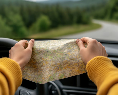 A close-up reveals weathered hands gripping a paper map, guiding a family road trip The map is a testament to tradition, a stark contrast to the modern GPS Through the windshield, breathtaking landscapes blur, showcasing the freedom and adventure of the open road This is more than just a journey; AI Generativeの素材