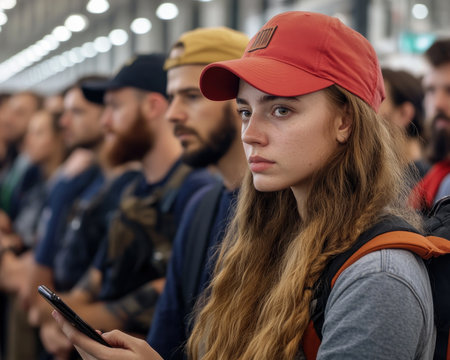 A sea of faces glued to their phones, the airport security line stretches endlessly Travelers, anxious to check flight connections, navigate the busy hub, a symphony of anticipation The air buzzes with the murmur of conversations, the rhythmic beeping of security scanners, and the constant hum of a world in AI Generativeの素材