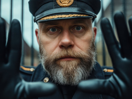 A stern customs officer, clad in a navy blue uniform and cap, stares intensely at the camera His blue eyes pierce through the lens, his beard adding a touch of authority He wears gloves, a hint of the meticulousness required for his job A blurred gate and travelers behind him AI Generativeの素材