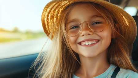 A girl's smile beams from the car window, her eyes sparkling as she captures a fleeting landscape with her camera The blur of the road reflects the thrill of a family road trip, where happy memories are made and the joy of travel is forever captured AI Generativeの素材