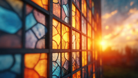 The vibrant hues of stained glass windows in a historic church tell a story of faith and tradition Intricate designs, bathed in sunlight, illuminate the space with a radiant glow, reflecting the rich religious and cultural heritage of the community These windows serve as a tangible reminder of the past AI Generativeの素材